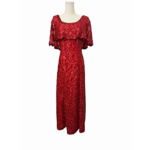 VTG. 80s Red Sequin Evening Gown 12 Old Hollywood Glam Flormal Regency  Dress